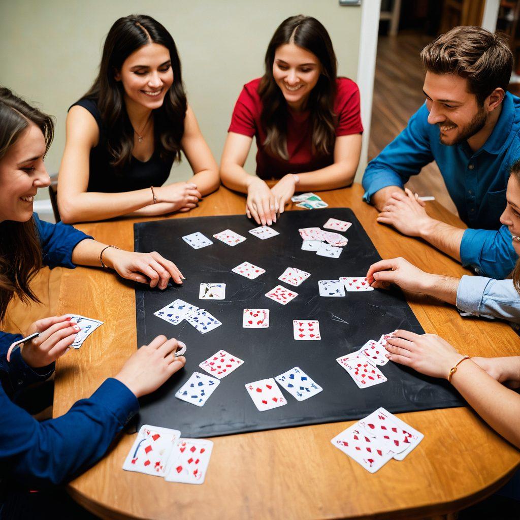 A vibrant, dynamic scene depicting a group of friends gathered around a table, intensely focused on playing rummy with colorful cards, chips scattered around, and expressions of joy and concentration. In the background, a chalkboard filled with strategic tips and tricks for improving rummy skills. Soft ambient lighting enhances the cozy atmosphere. The style is super-realistic with vibrant colors.