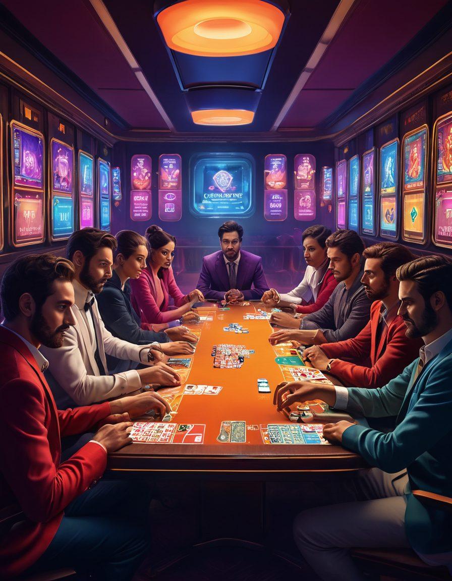 A dynamic scene of players engaging in an intense online rummy game, showcasing strategic moves and calculated expressions. Include elements like colorful cards spread across a virtual table, glowing screens with scoreboards, and a lively digital environment reflecting competition. Emphasize a sense of camaraderie and rivalry among diverse players. vibrant colors. digital art. high contrast.
